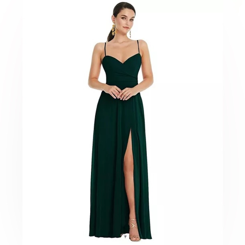 NWOT Lovely Evergreen Spaghetti Strap Wrap Bodice Gown with Slit